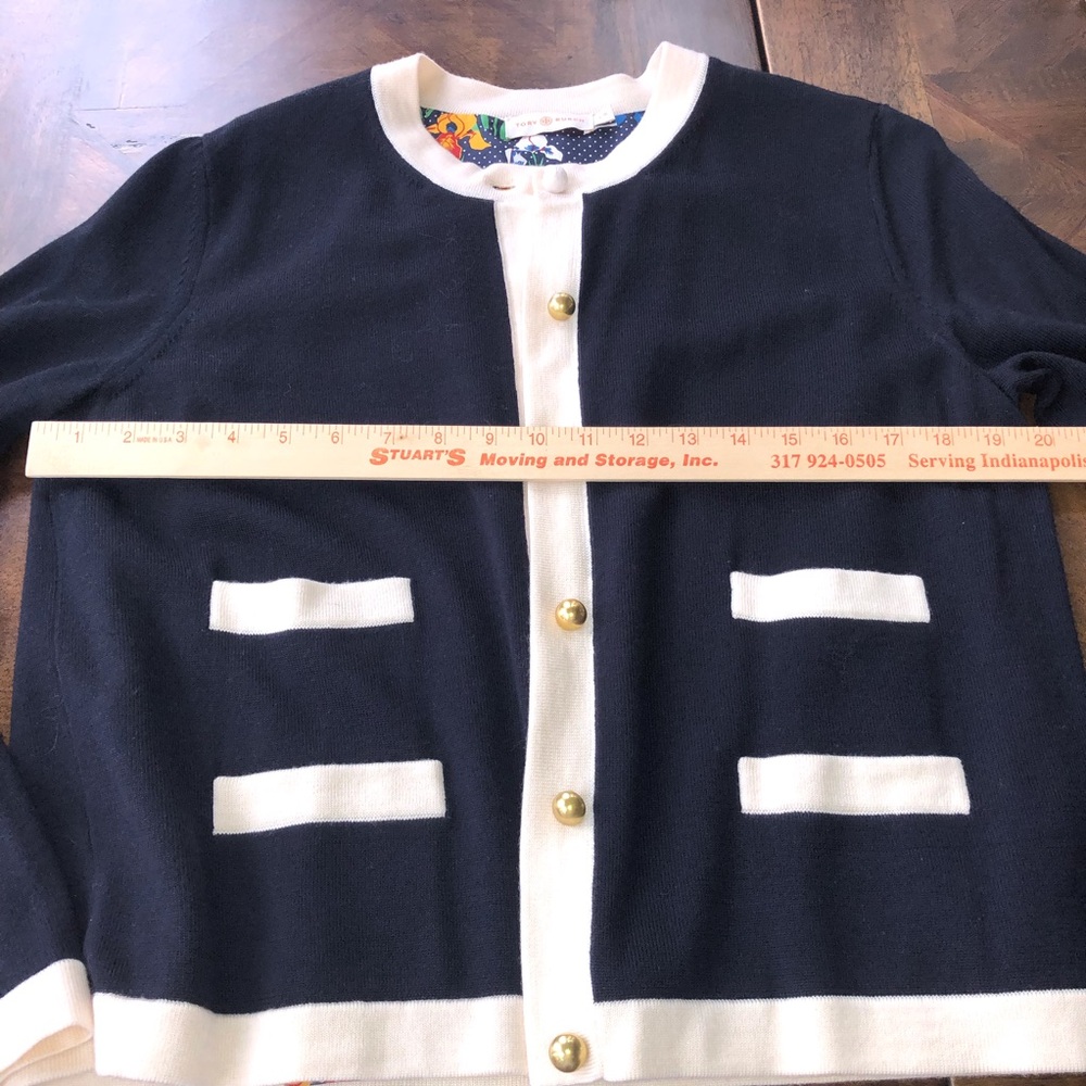 Tory Burch Kendra Cardigan Navy With Contrasting Cream Trim Size L - Picture 13 of 15
